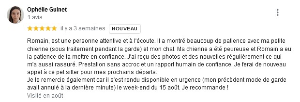 avis Google sur mon activité de pet sitter à chambéry